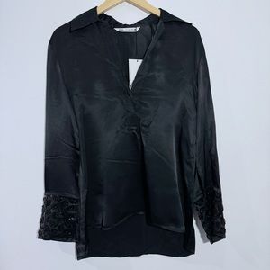 NWT‎ Zara Black Satin Blouse With Embellished Jeweled Wide Cuffs Size Small